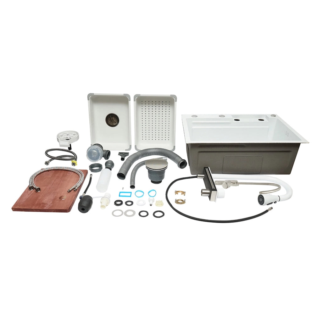 Lavello da cucina multifunzionale in acciaio inox con due rubinetti, funzione cascata, lavapentole, dispenser di sapone, scolapiatti, vassoio, tagliere e accessori di scarico inclusi, dimensioni 60×45×22 cm.