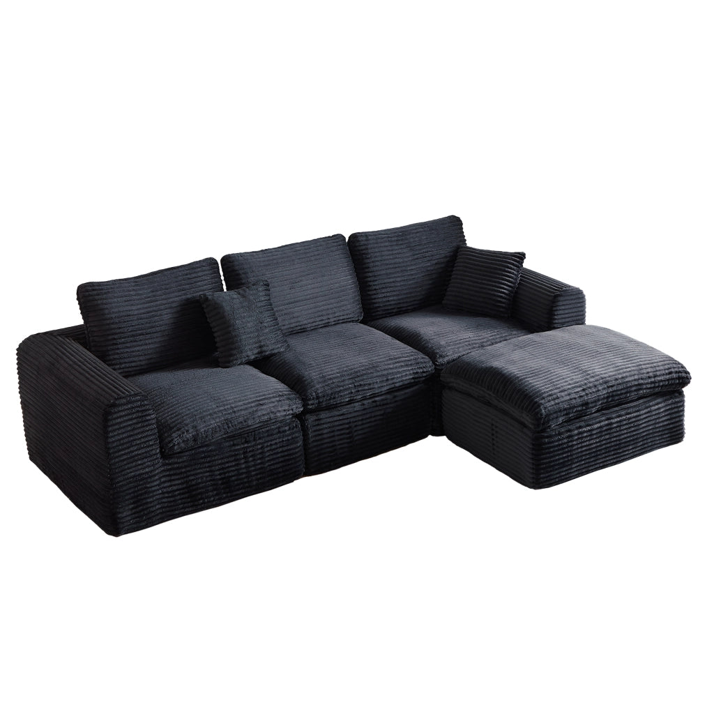 Divano modulare 3 posti con funzione letto e chaise longue in velluto a coste nero e blu 280×180×65 cm
