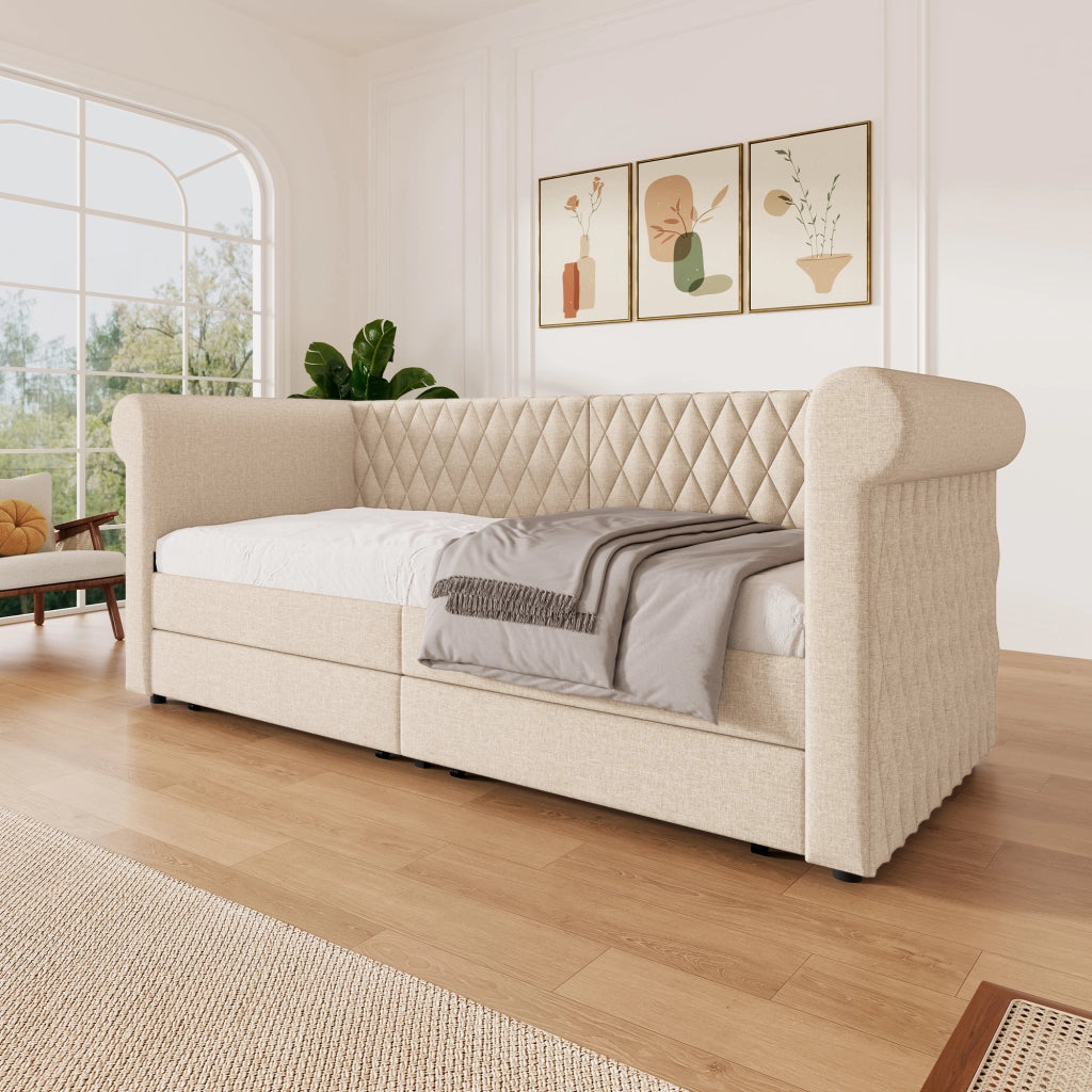 DIVANO LETTO 90x200 cm Beige in Lino con 2 Cassetti, senza materasso