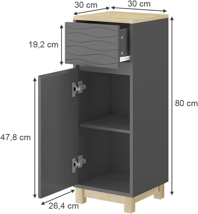 Mobile midi Livia, Antracite, 30 x 80 cm con cassetto, per riporre sopra il WC con area scaffale aperta