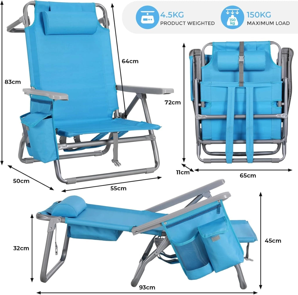 Sedia da Spiaggia Pieghevole, Leggera, Confezione da 2, Sedia Pieghevole Portatile a Zaino, Sedia da Campeggio, Reclinabile, Capacità di Carico fino a 150 kg, Sedia Pieghevole da Esterni
