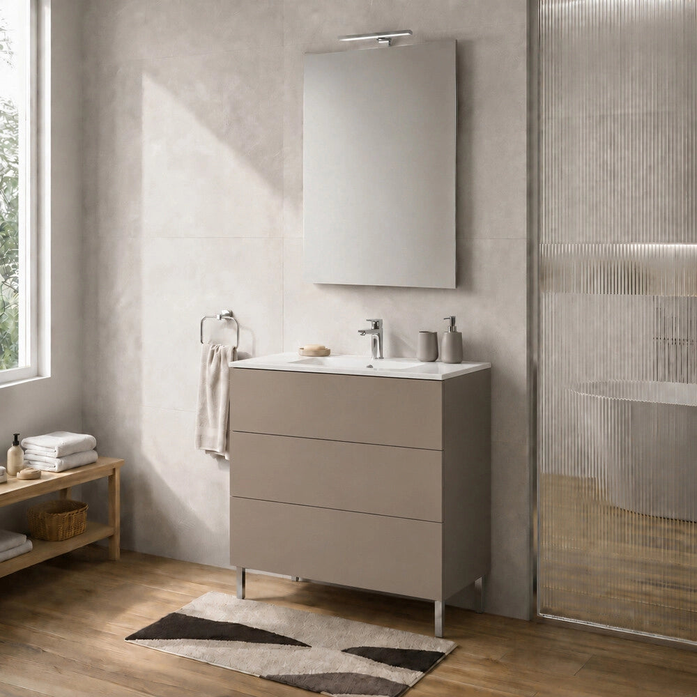 Mobile bagno a terra 80 cm tortora tre cassetti push-pull con lavabo Tierra
