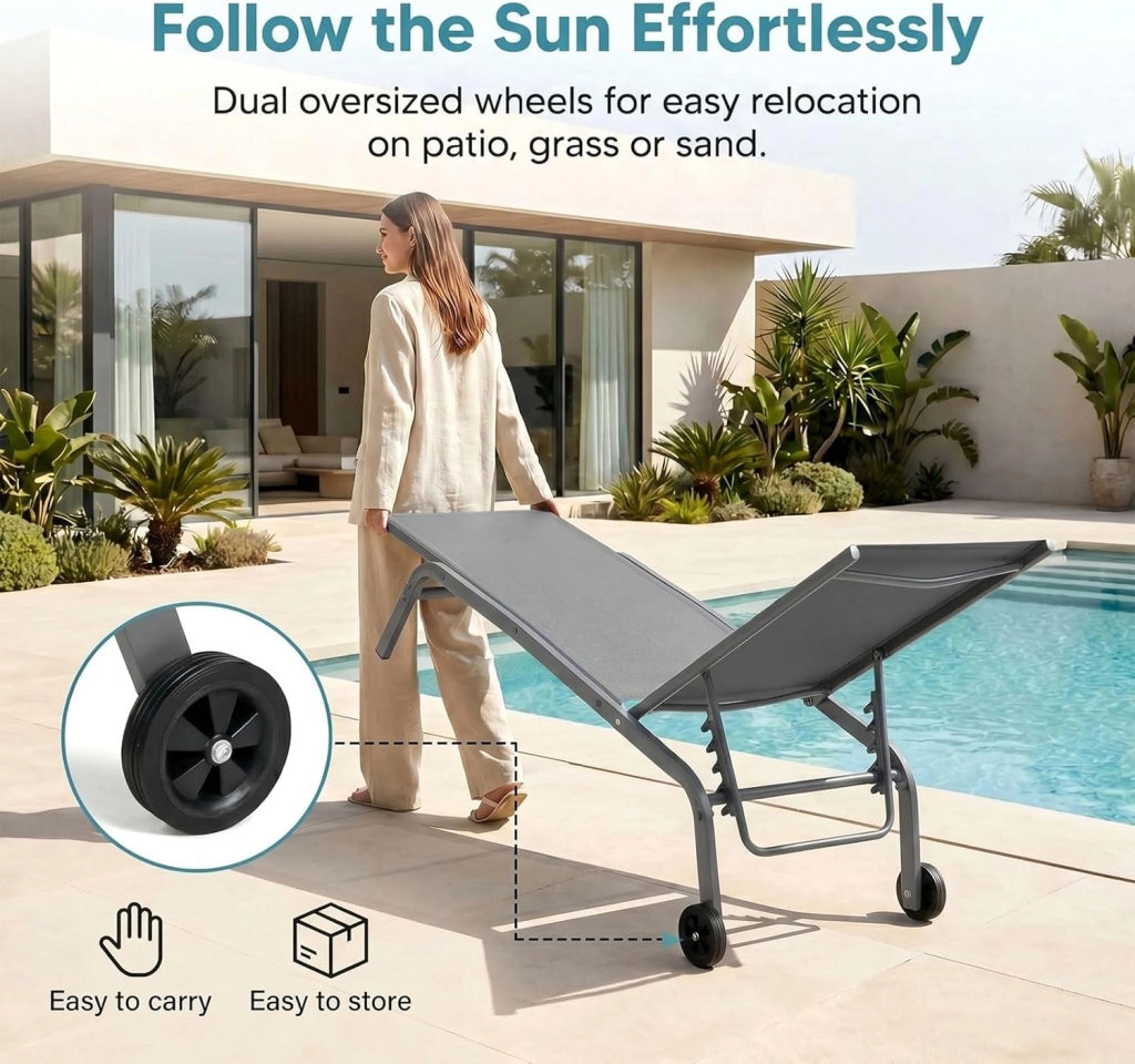 Set di 2 lettini da giardino con ruote, resistenti alle intemperie, schienale regolabile in 5 posizioni, per esterni, portata fino a 120 kg, per giardino, piscina, balcone, terrazza, grigio