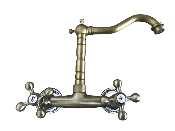 Rubinetto a parete bronzato vecchio ottone vintage dettagli in ceramica