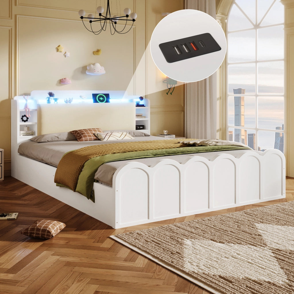 OKWISH Letto Contenitore 140×200 cm, Letto Matrimoniale con Box Idraulico, USB, Type C, LED Regolabile e Ripiani, senza Materasso, Bianco