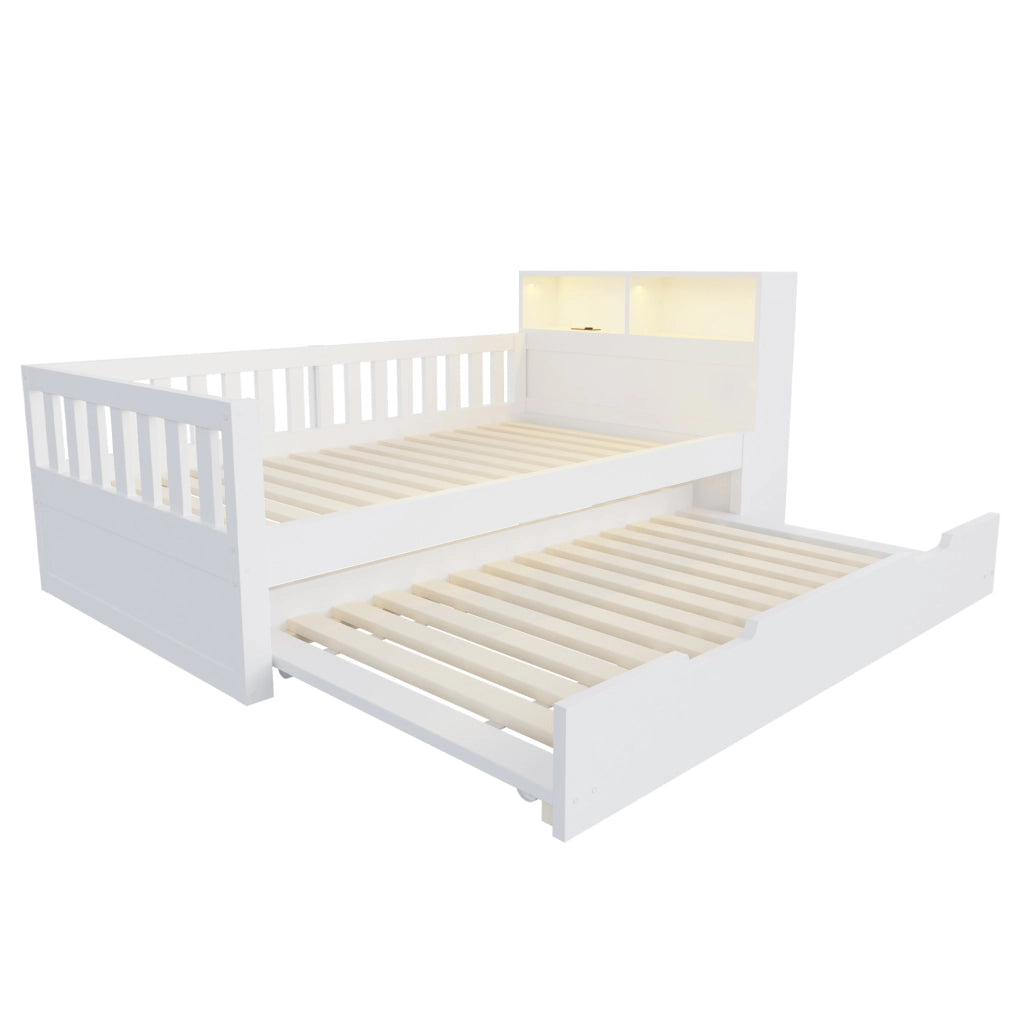 Letto multifunzione in legno 90x200 cm bianco con letto estraibile; LED; prese e vano portaoggetti