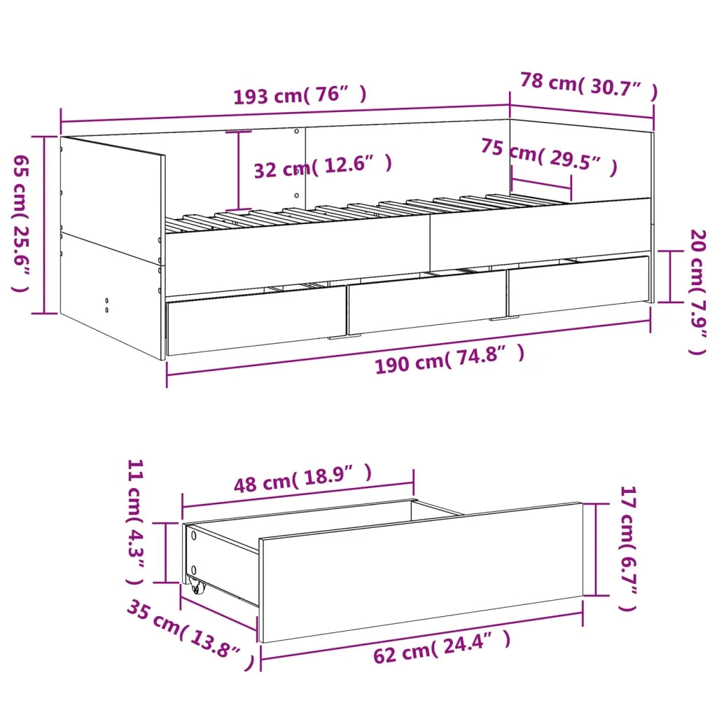 Divano Letto con Cassetti senza Materasso 75x190 cm 3280834