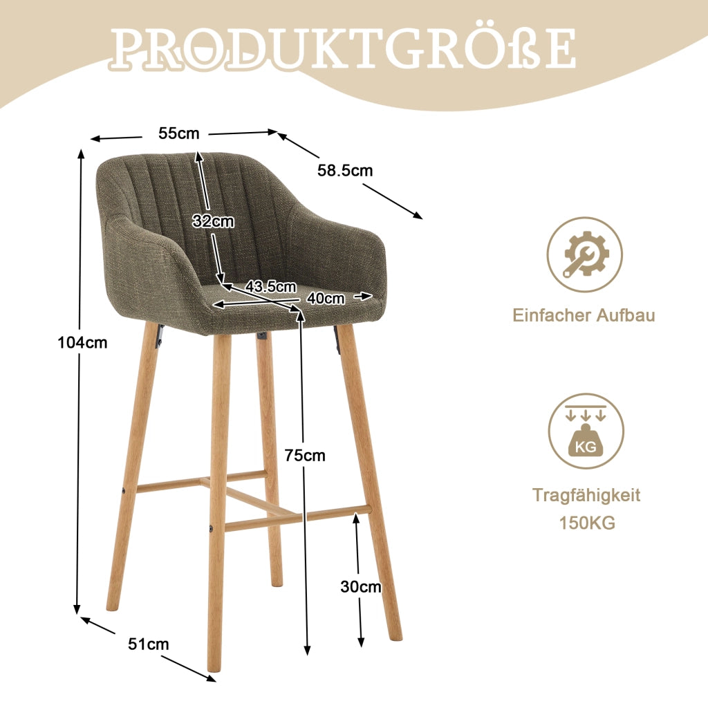 Sgabello da bar set da 2 con schienale alto e braccioli in lino verde e gambe in legno per cucina con poggiapiedi