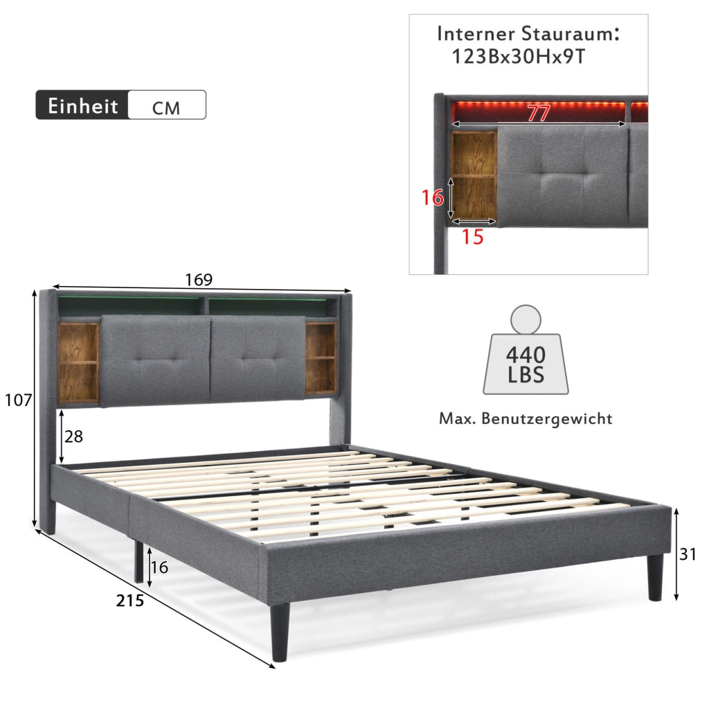 Letto matrimoniale imbottito 160x200 cm con testiera contenitore; USB e LED; grigio