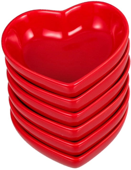 Set di 6 scatole per snack in ceramica a forma di cuore, rosse, ideali per salse, dimensioni 8x7x2,5 cm.