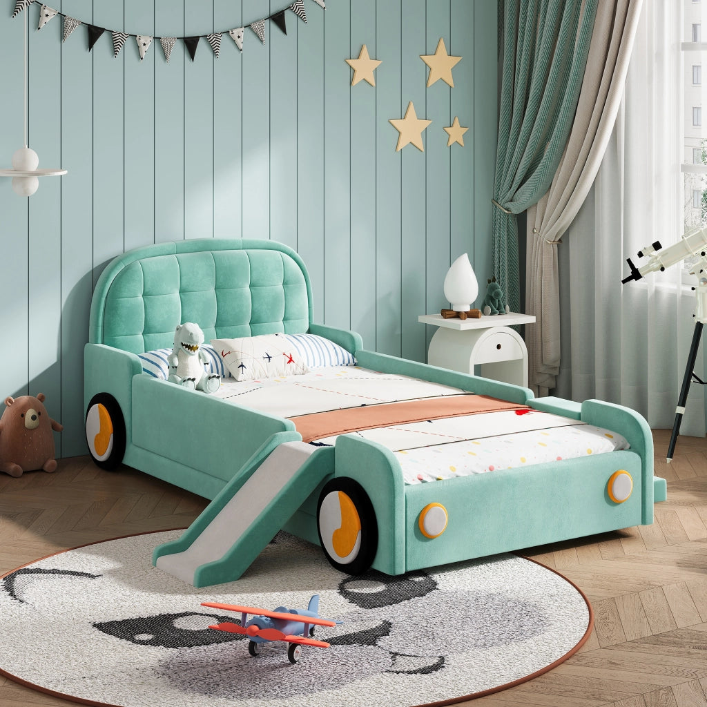 LETTO Auto con scivolo e scala 90x200 cm Velluto Blu-verde