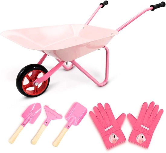 Set di Cestino per Bambini – 5-Del Set Metallico con Ruota, Attrezzo da Giardino e Guanti – Regalo Perfetto per Piccoli Giardinieri (Rosso)