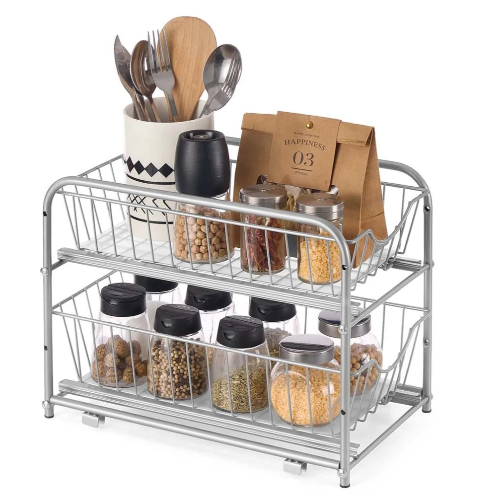 Organizer da cucina scaffale sottolavello 2 cestelli scorrevoli impilabili per riporre in armadio sottolavabo con cassetti per cucina bagno argento 12_0006637