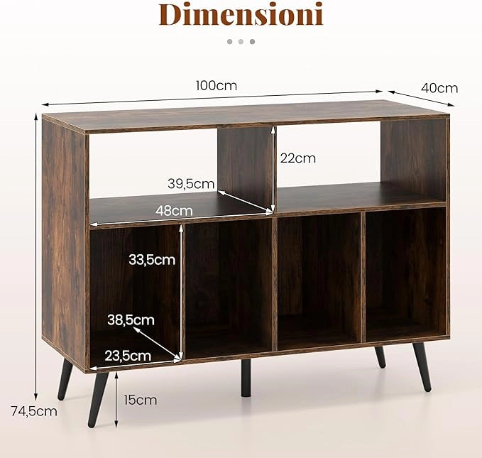 Supporto per Giradischi, Mobiletto per Giradischi a 3 Livelli con Scaffali per Vinili, Tavolino per Dischi con 5 Gambe, Scaffale Espositivo per Soggiorno, Sala Musica (Marrone)