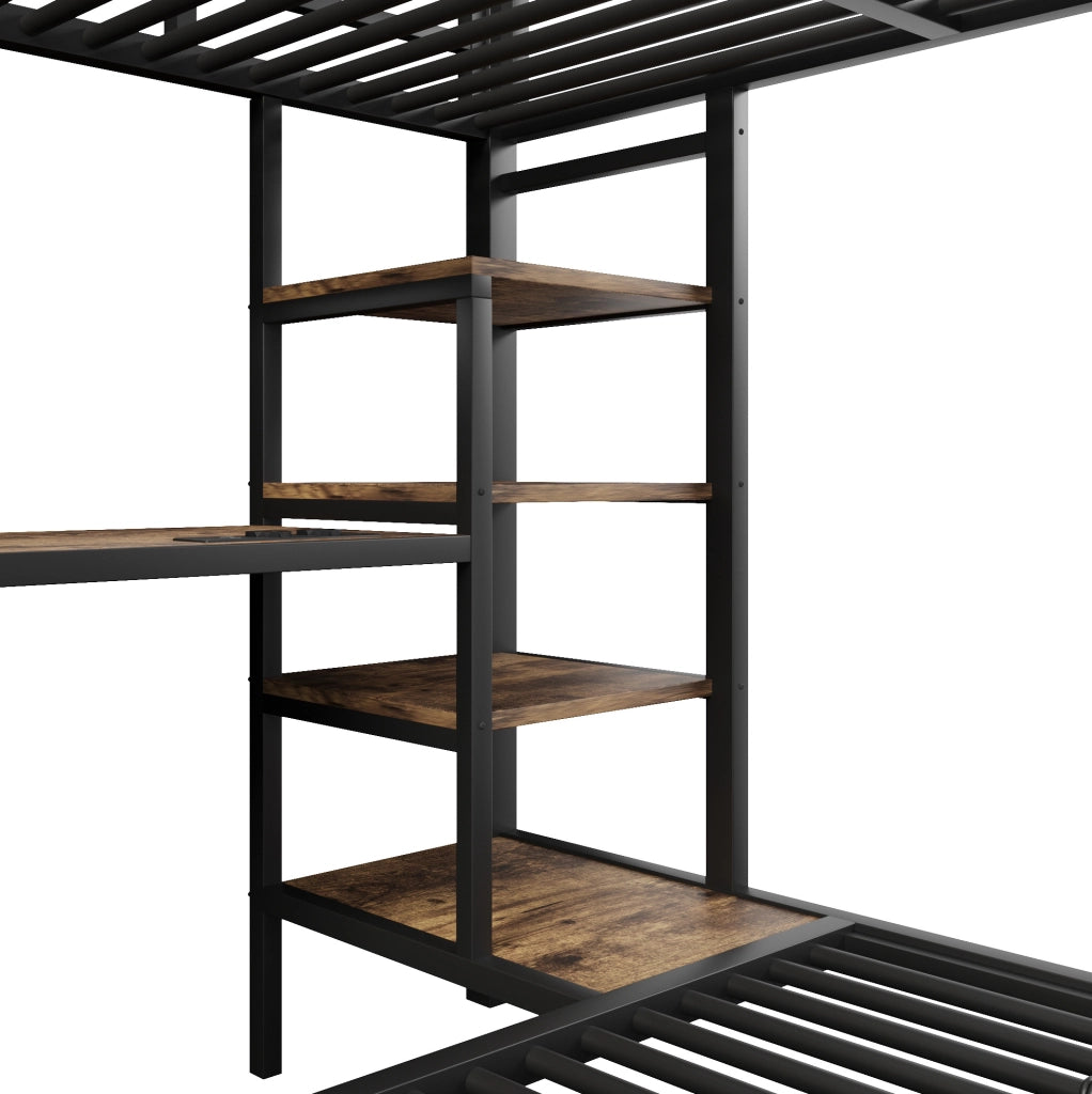Letto a castello in metallo e MDF nero con prese USB; Type-C e luci LED; 90 x 200 cm e 140 x 200 cm