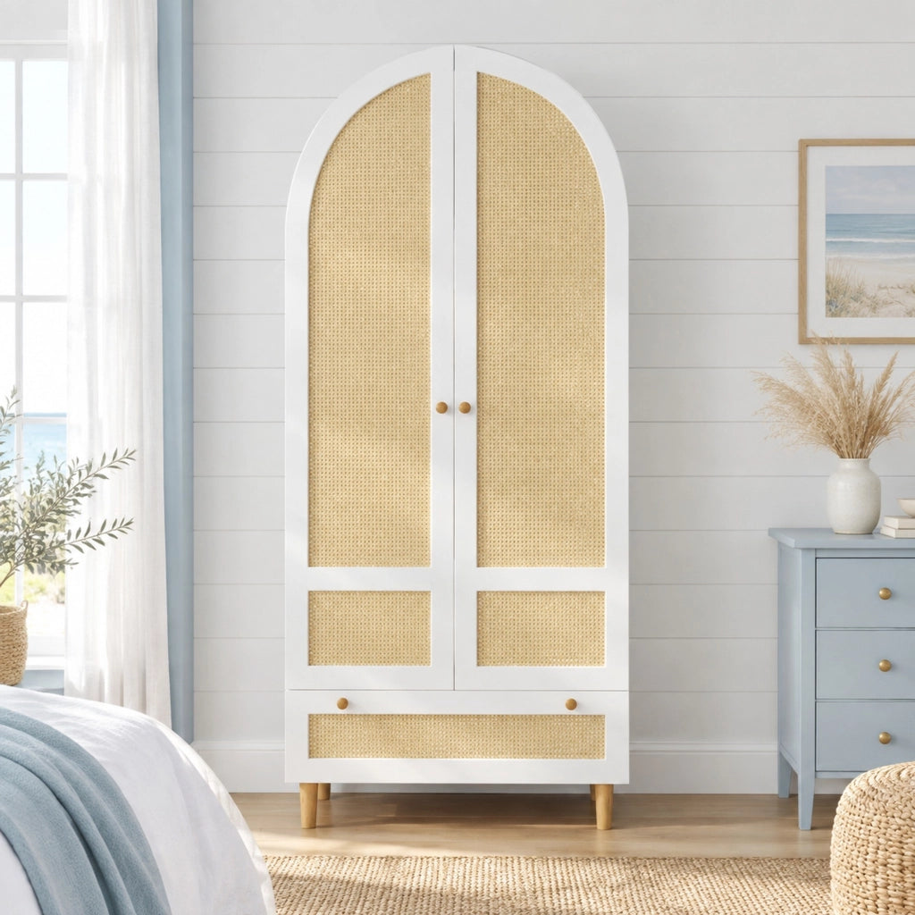 Armadio guardaroba 80x50x180 cm bianco con ante effetto rattan; asta appendiabiti e cassetto HOMVRA