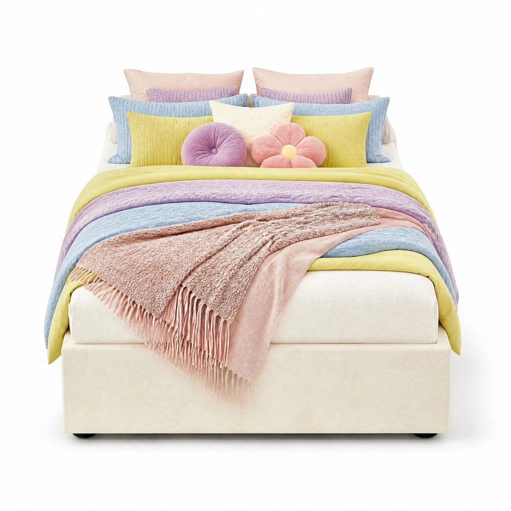 Letto 90x200 cm con contenitore a sollevamento a gas in tessuto beige