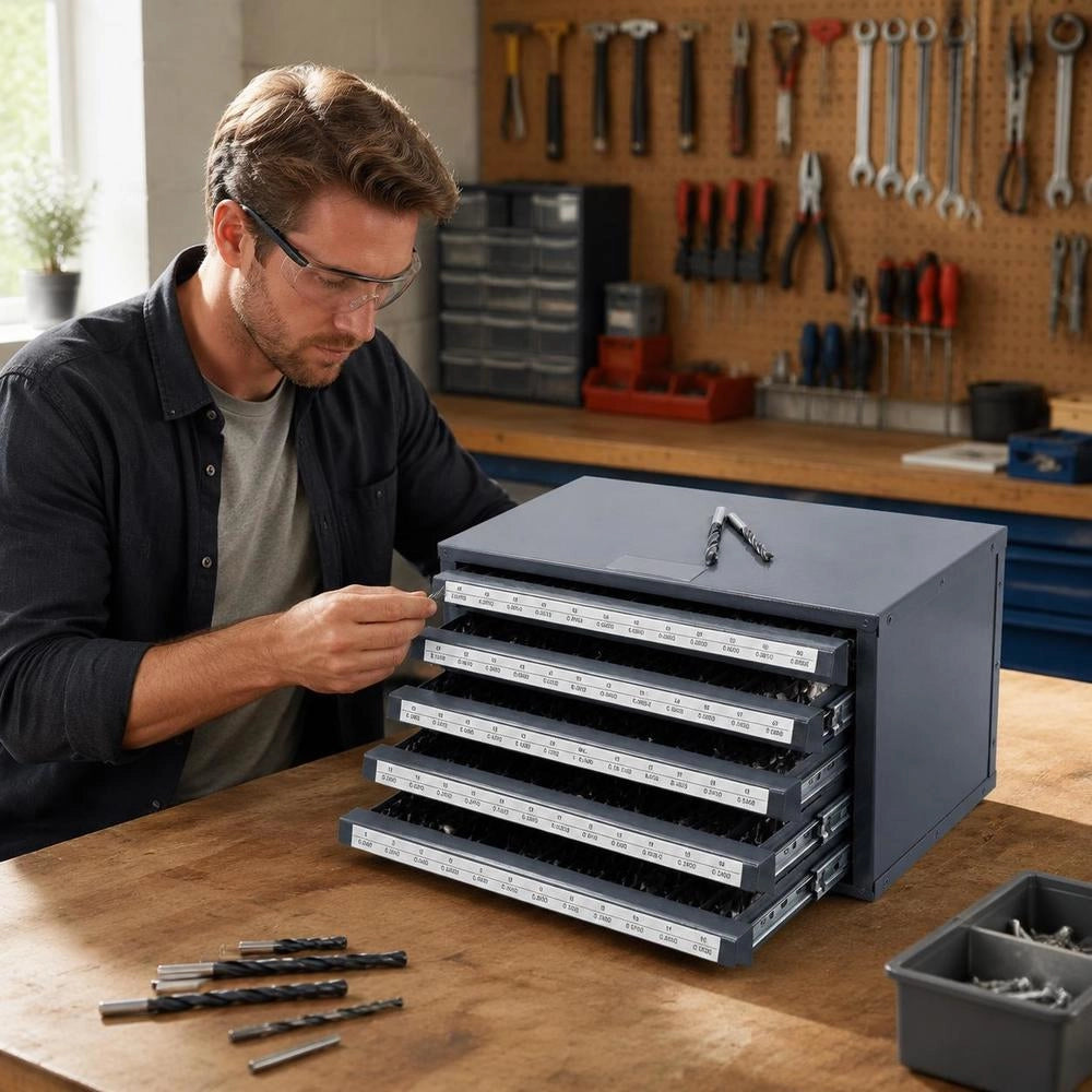 Drill Dispenser Cabinet, Drill Organizer With Five Drawers For Drill Bits No. 1 To No. 60, Made Of Steel With Labels, Stackable Drill Dispenser For Storing Engraved Drill Bits