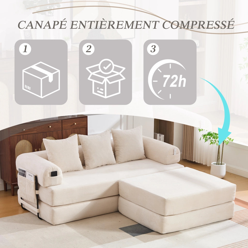 Divano modulare in corduroy con struttura in metallo, tasca laterale, 3 cuscini e pouf, design versatile beige