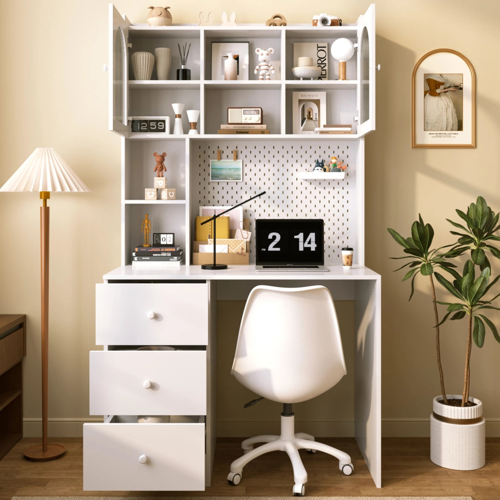 Scrivania con 3 cassetti e pannello forato， MDF bianco 100x55x180 cm