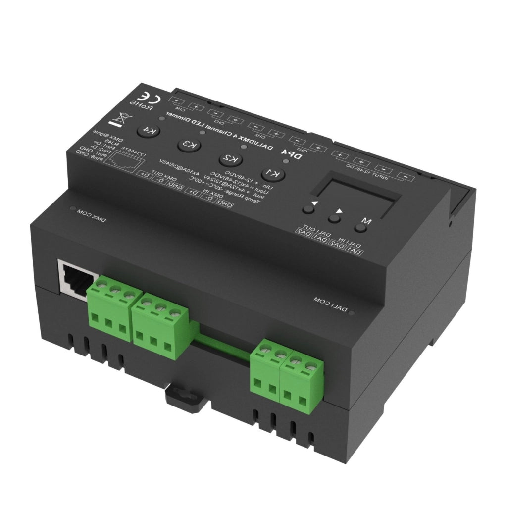 Dimmer DALI DMX Professionale, 4 Canali Guida DIN, OLED Display, 4X12A@12V/24V, 4X10A@36V/48V, DALI-2, DMX512, PWM, 4 Indirizzi, DT6 DT8 per Strisce LED Monocolore CCT RGB RGBW