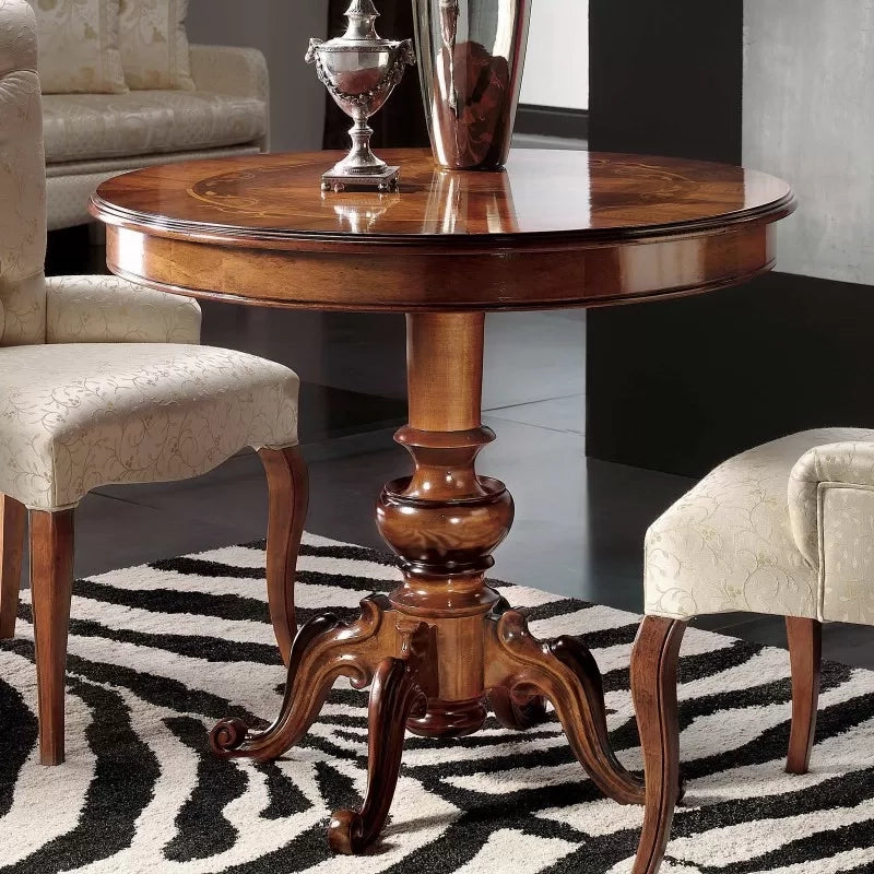 Tavolino rotondo classico intarsiato legno massello bassano 90x90x77 - Mobili 2G