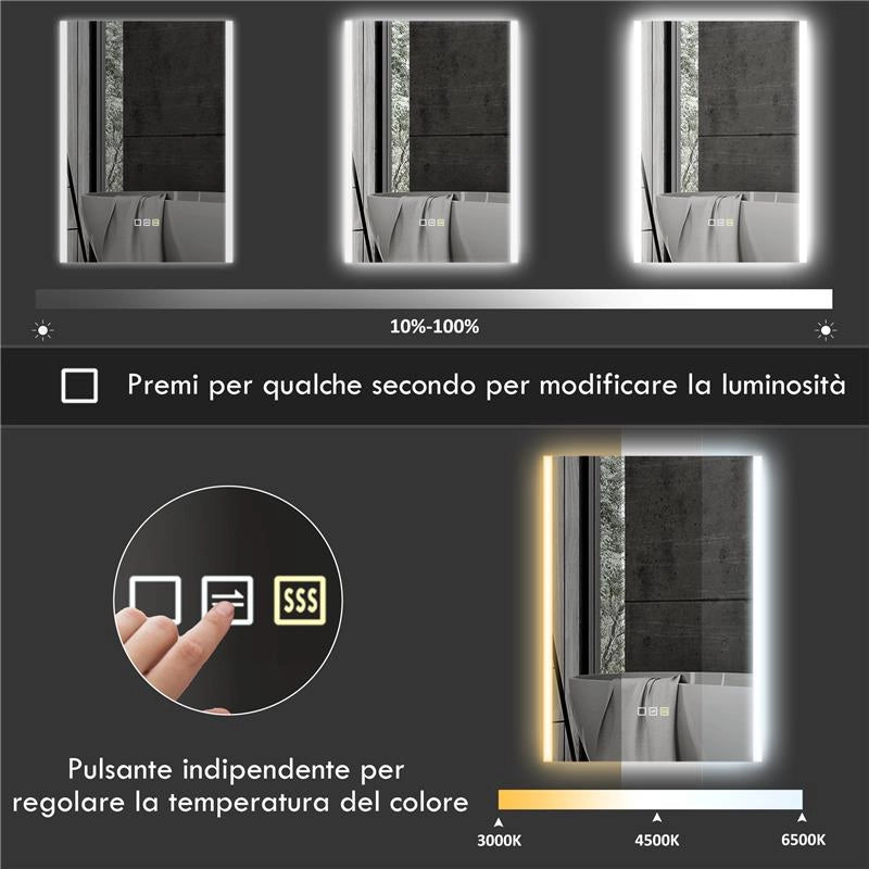 SPECCHIO DA BAGNO CON LUCE LED A 3 COLORI E FUNZIONE MEMORY, IN VETRO TEMPERATO, 70X50X3 CM, ARGENTO