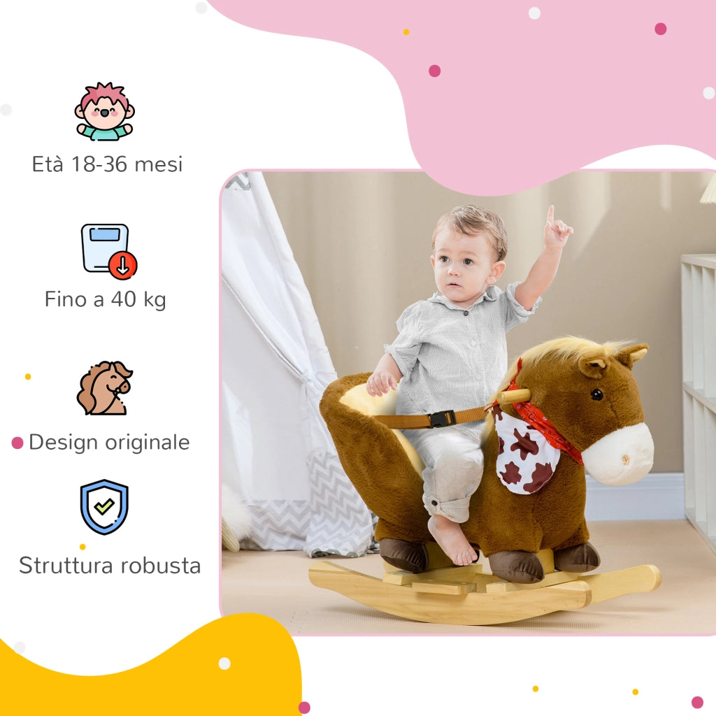 Cavallo a Dondolo per Bambini da 18-36 Mesi con Suoni Realistici, 60x33x50 cm, Marrone e color Legno