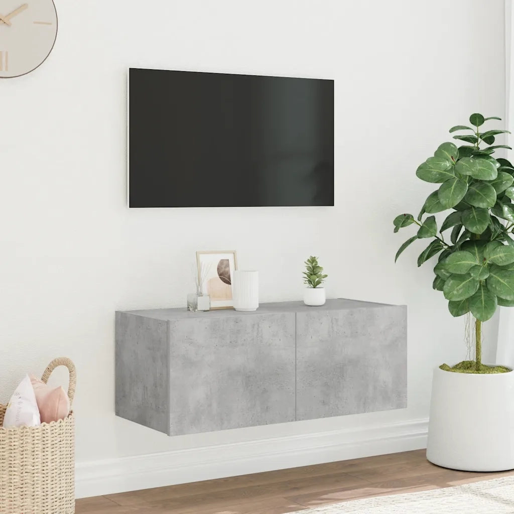 Mobile TV a Parete con Luci LED-Mobile TV a Muro Grigio Cemento 80x35x31 cm