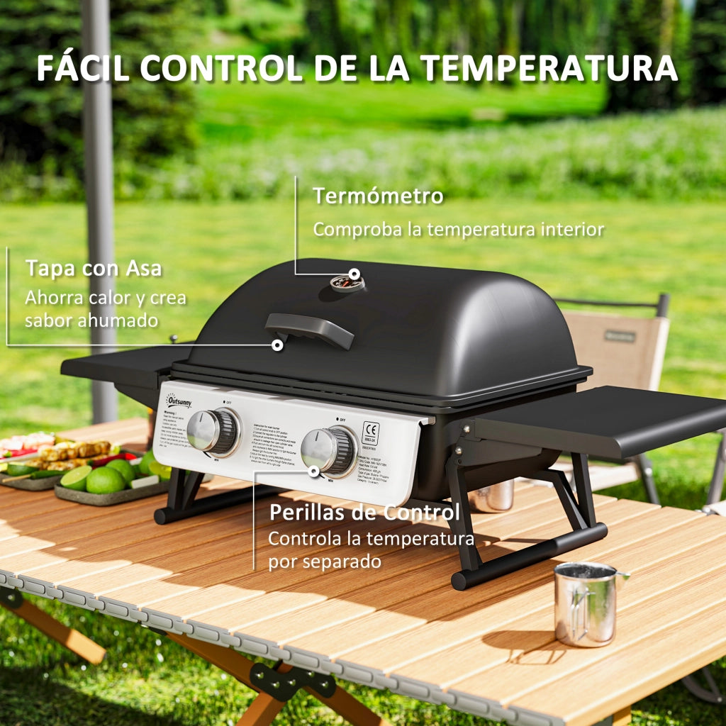 Barbecue a Gas 2 Fuochi con Termometro e Scaffali Laterali Pieghevoli ¨C zephmum ¨C 101x48x41 cm Nero