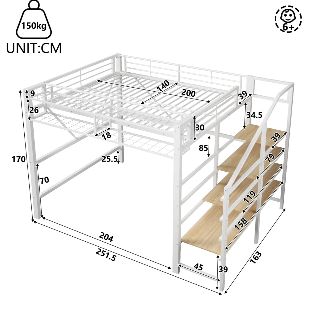 Letto a soppalco 140x200 cm in metallo e MDF con LED, bianco