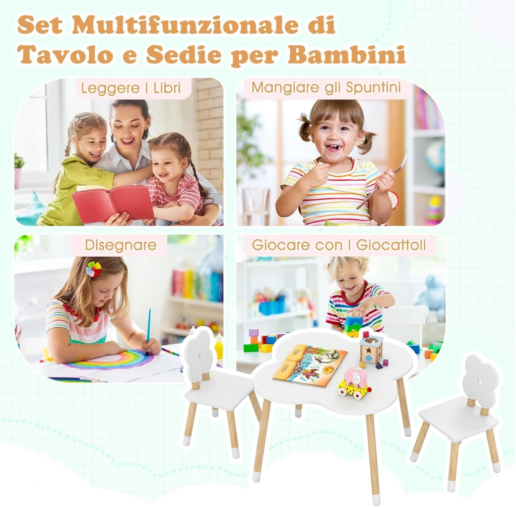 Set Tavolo per Bambini a Forma di Fiore, Tavolino e Sedia in Legno con 2 Sedie e Gambe in Legno di Pino Solido, Tavolino Bambini 3+ Anni per Disegno, Arte e Studio (Bianco)