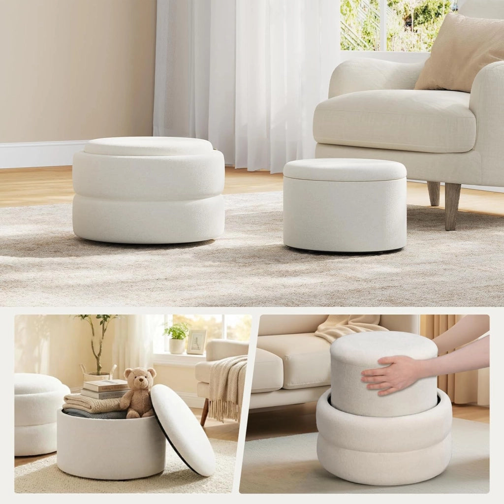Set di 2 Pouf Contenitore 3-in-1, Pouf Poggiapiedi Rotondi Impilabili con Coperchio Removibile, in Velluto a Nuvola, per Camera da Letto, Soggiorno, Corridoio, Bianco