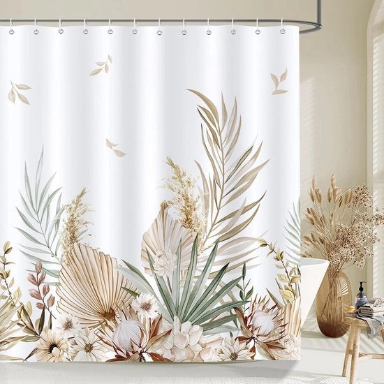 Douchegordini con foglie tropicali, giallo, 180 x 200 cm, anti-muffa, impermeabile, tessuto in poliestere, lavabile, tenda da bagno per la stanza da bagno, con 12 ganci.