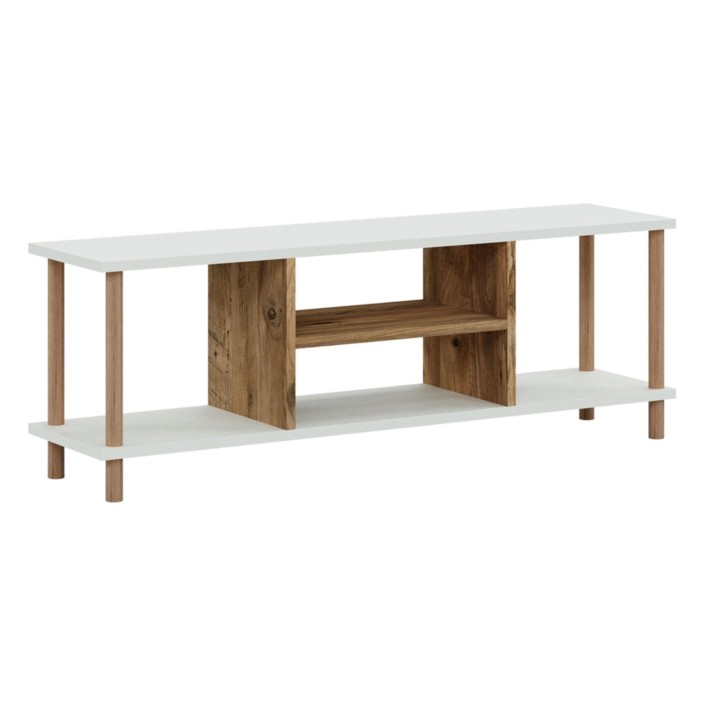 Mobile Basso Porta TV 'Ærøskøbing' con Scomparti Aperti e Gambe di Faggio - Bianco / color Legno [en.casa]