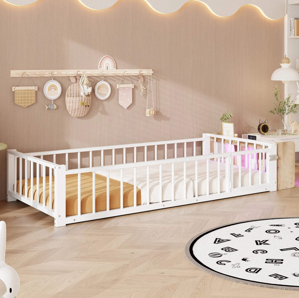 Letto singolo in metallo con protezione laterale, vano aperto e illuminazione LED