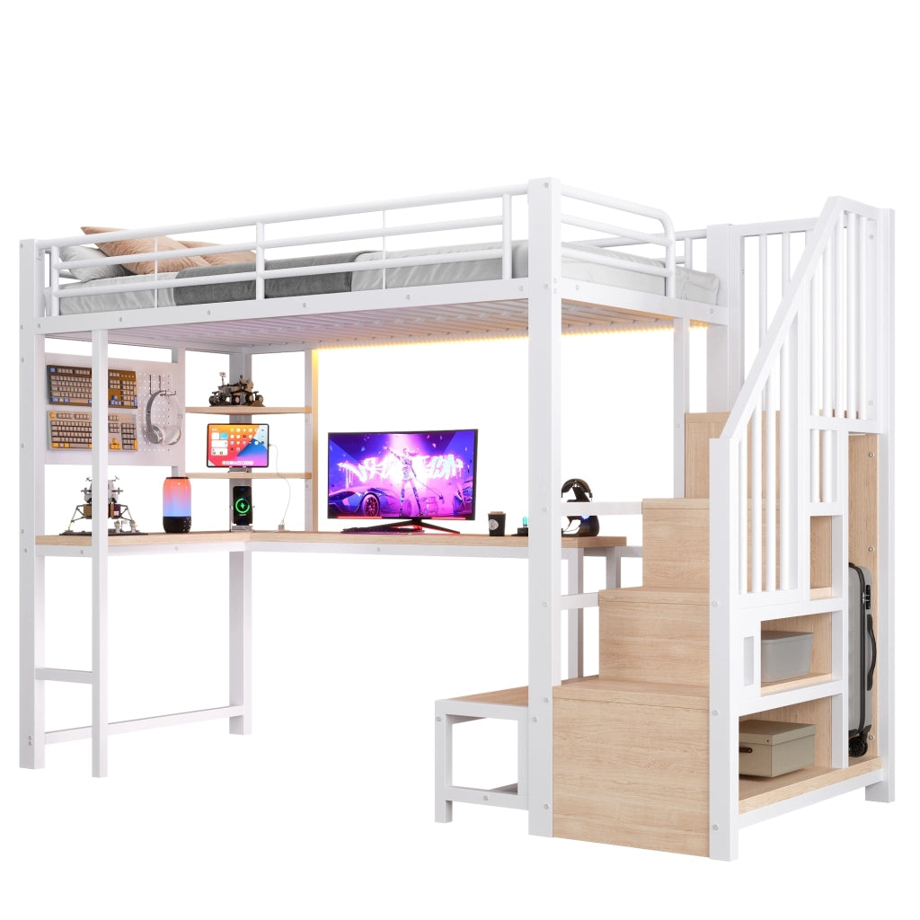 LETTO a Soppalco 90x200 cm con Scrivania, LED, USB e USB-C Bianco
