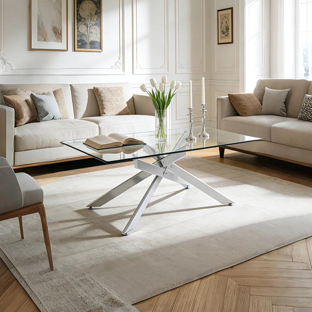 Tavolino da Salotto con Piano in Vetro Temperato, Gambe Incrociate e Piedini Regolabili, Tavolo Basso in Stile Industriale per Soggiorno, Camera da Letto, Ufficio, 120 X 60 X 45,5 CM (Argento)