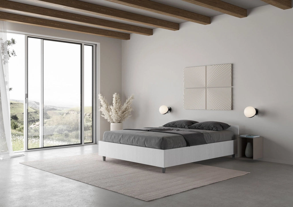 Letto Matrimoniale Francese 140x190 cm con Rete e Contenitore Nuamo Bianco Frassino