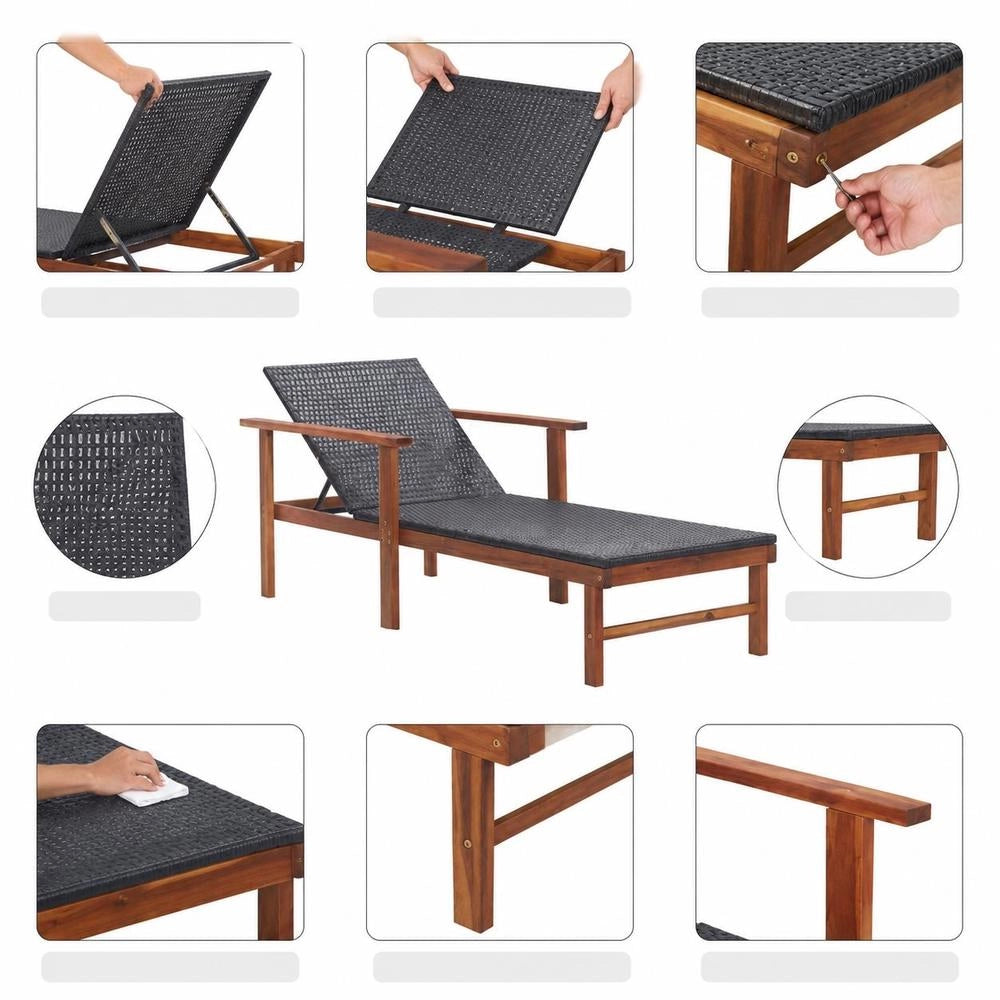 Sun Lounger Made Of Poly Rattan And Solid Acacia Wood, Black