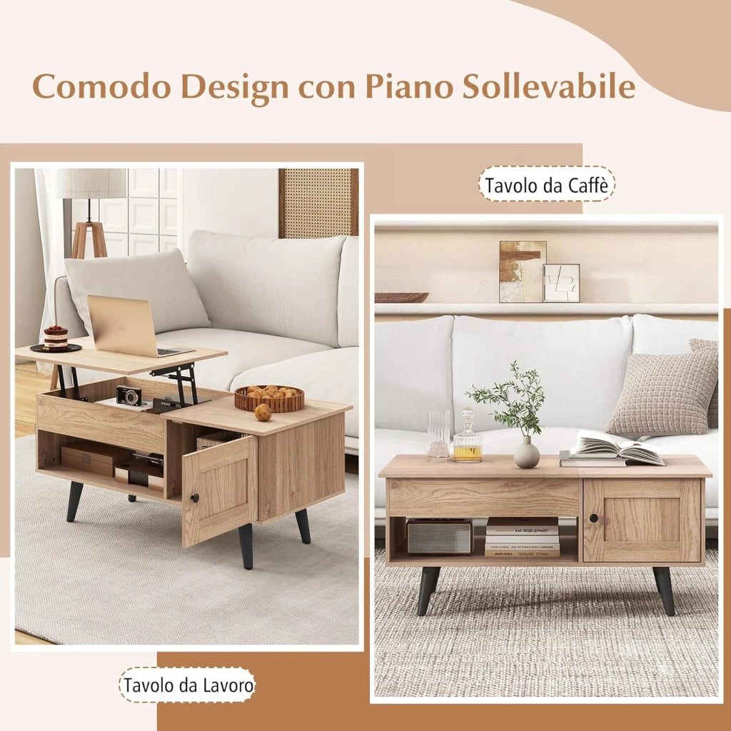 Tavolino da Caffè con Piano Sollevabile e Ripostiglio, Tavolino da Salotto con Armadietto, Comparto Nascosto e Mensola Aperta, Tavolino da Studio e Ufficio, 100 x 50 x 46 cm (Legno)
