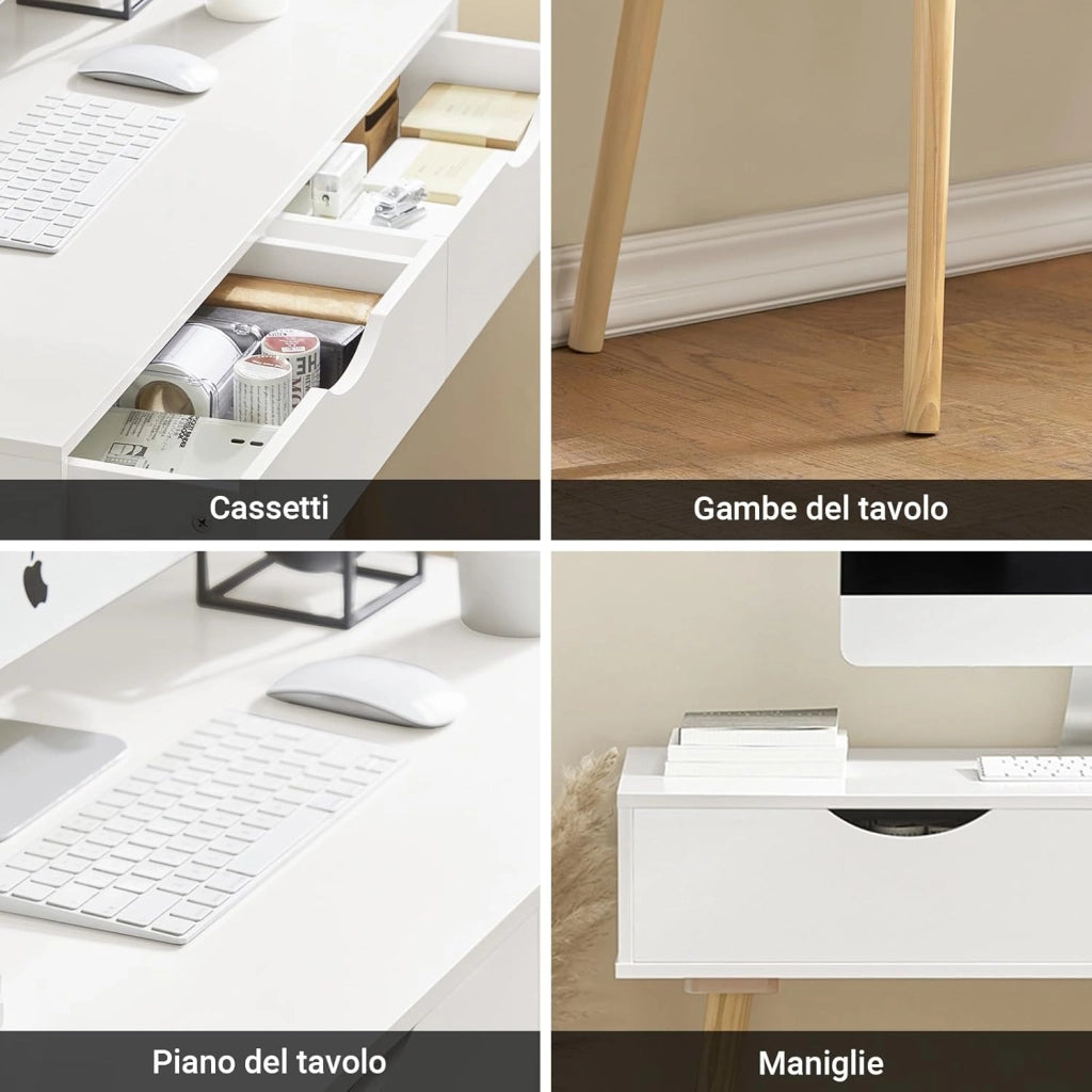 Scrivania con 2 cassetti, Gambe in Legno di Pino, Scrivania Ufficio Compatta, Tavolo da Lavoro per Studio Cameretta e Camera da Letto, L90*P45*A77cm, FWT40-WN