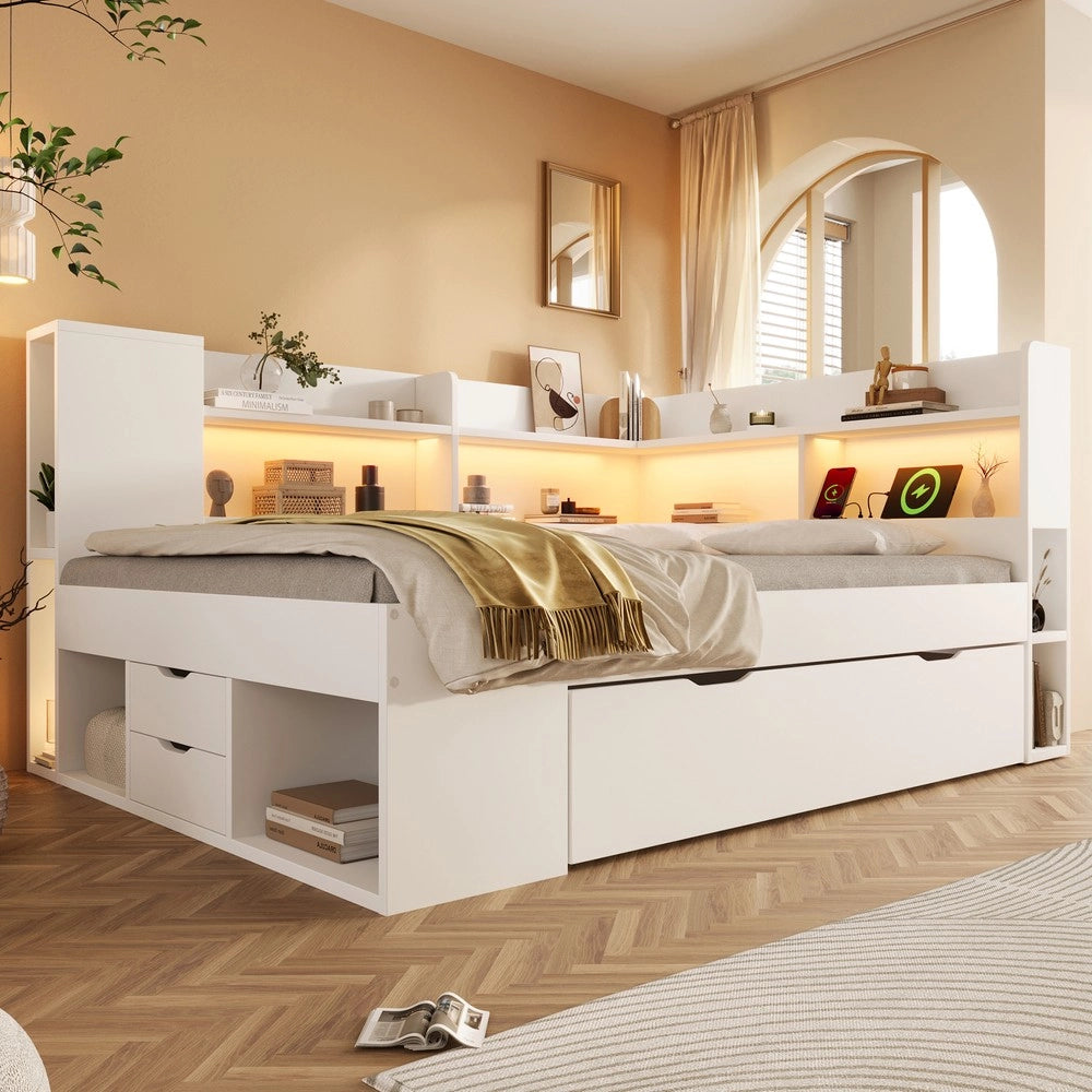Letto Contenitore 140x200 con LED, USB, Cassetti e Rete a Doghe ¨C Xylo ¨C Bianco, con Materasso