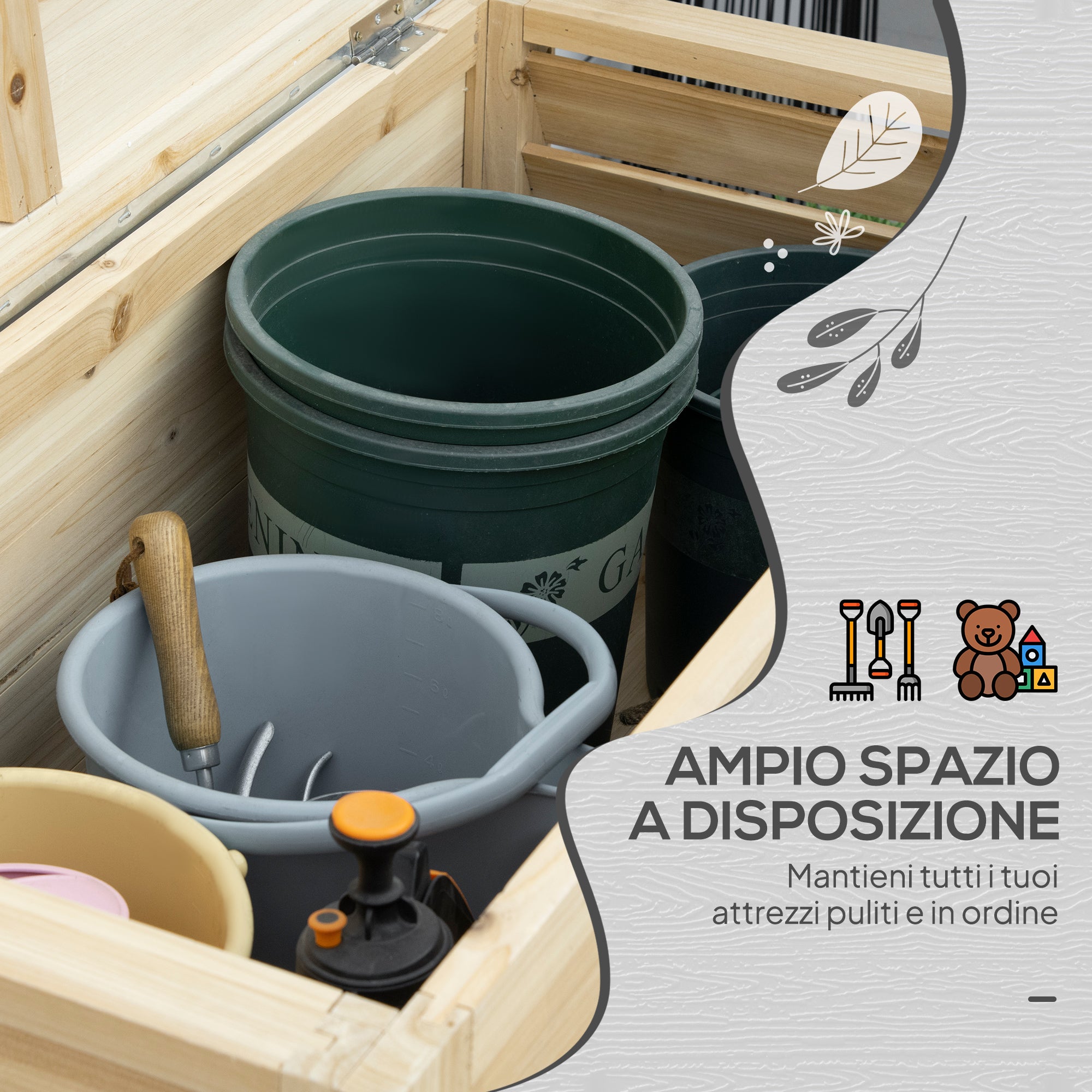 Baule da Esterno 110x50x50 cm Capacità da 155L con Coperchio e 2 Ammortizzatori in Metallo e Legno