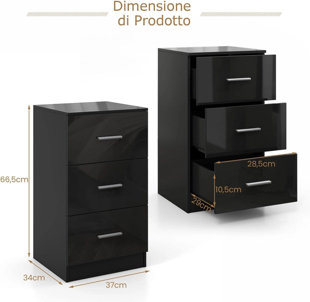 Comodino Camera da Letto 37 x 34 x 66,5cm, Cassettiera in Legno Moderno con 3 Cassetti, Mobile Salvaspazio per Soggiorno, Ufficio e Camerretta (1, Nero)