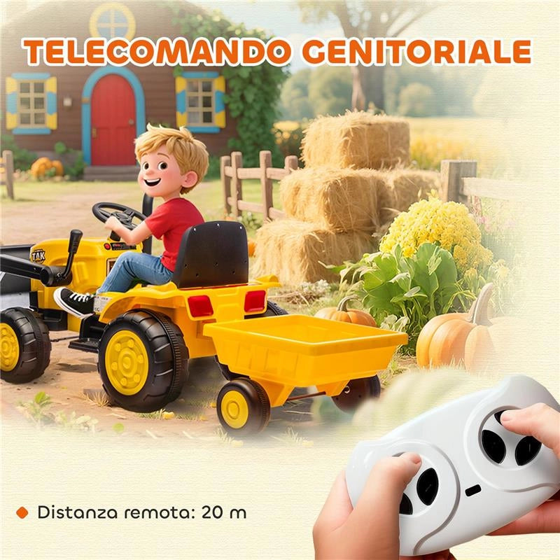 ESCAVATORE PER BAMBINI ELETTRICO 12V CON BENNA, RIMORCHIO E TELECOMANDO, ETÓ 3-8 ANNI, GIALLO