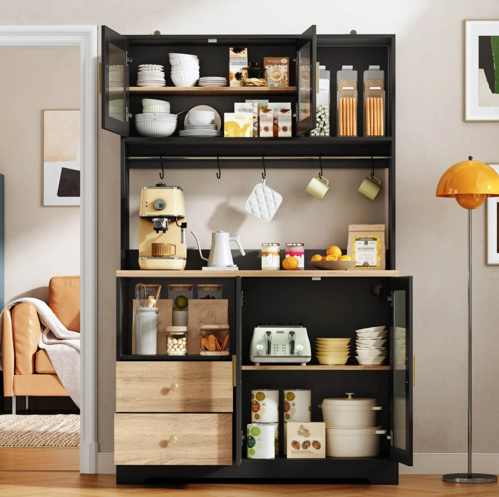 Credenza alta da cucina LED con prese USB; 110x40x178 cm; MDF; nera