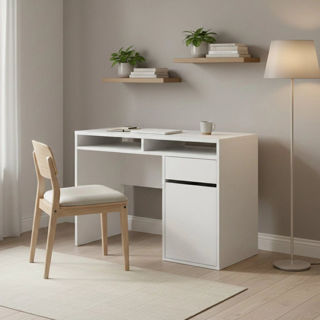 Scrivania Abbadu, Scrittoio multiuso, Tavolo per ufficio porta PC, Piano di lavoro, 110x48 h77 cm, Bianco lucido
