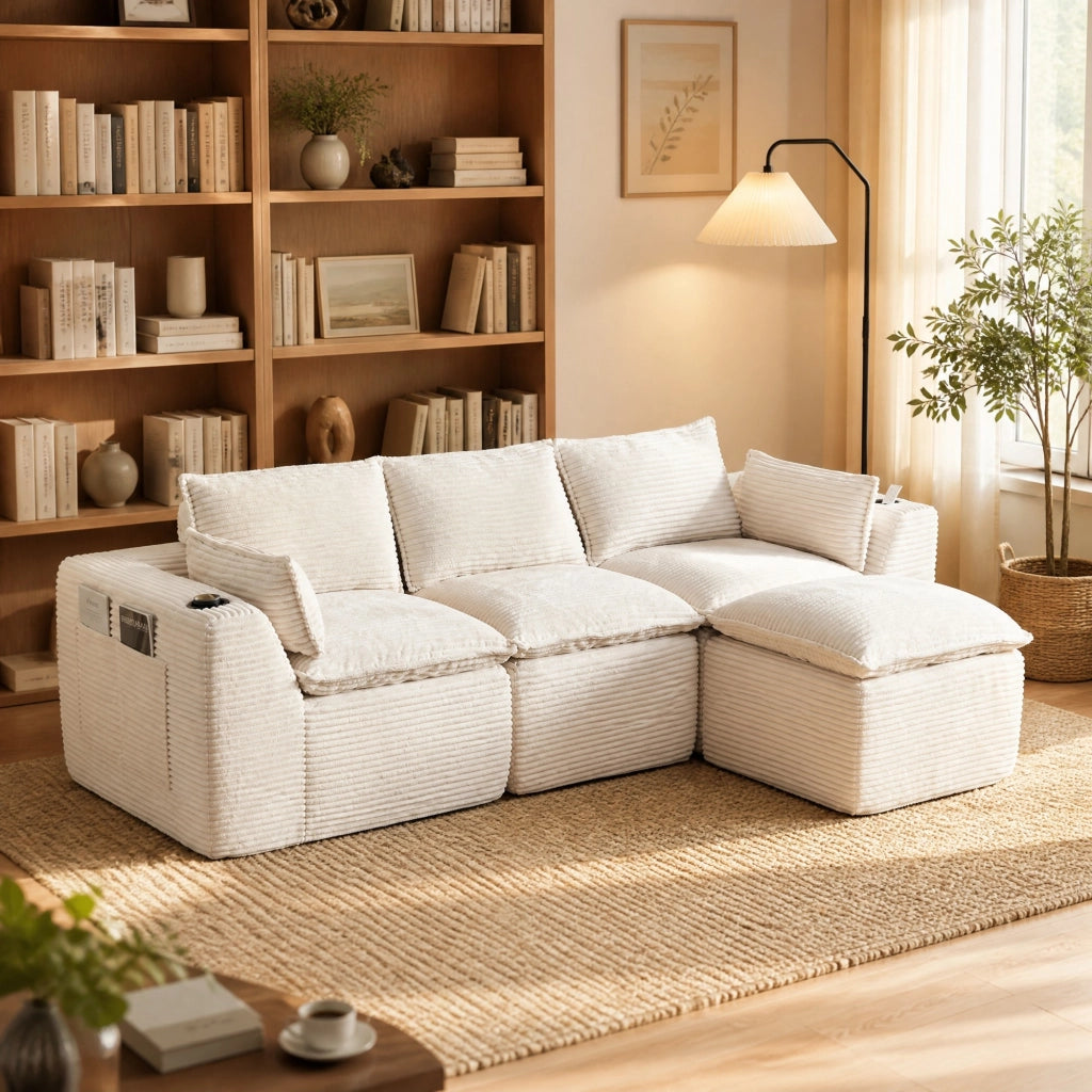Divano modulare in velluto a coste beige con cuscini; tasche laterali e struttura a molle interne