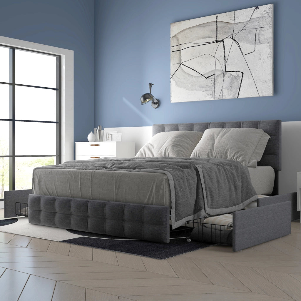 Letto imbottito matrimoniale con 4 cassetti, rete in acciaio, testiera regolabile in altezza, tessuto effetto lino, grigio, 140x200 cm